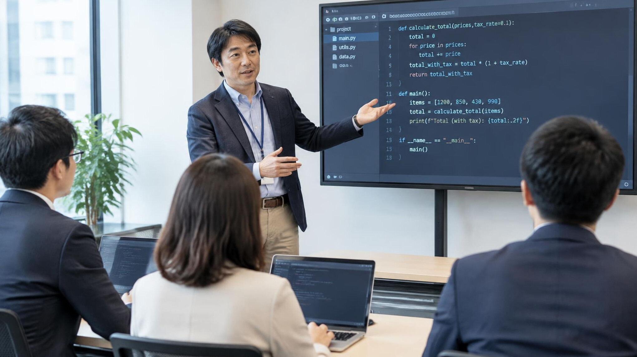 Instructor teaching a corporate programming class with code displayed on a large screen